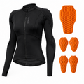 A black long-sleeve cycling jersey with a full front zipper and the brand name 'WOGAME' printed vertically on the chest, shown alongside four bright orange protective pad inserts on a plain white background.