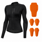 A black long-sleeve cycling jersey with a full front zipper and the brand name 'WOGAME' printed vertically on the chest, shown alongside four bright orange protective pad inserts on a plain white background.