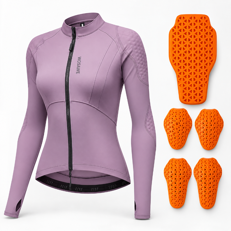 A women's long-sleeve cycling jersey in dusty lavender purple with a black front zipper on the chest, shown alongside four bright orange protective pad inserts on a light gray background.