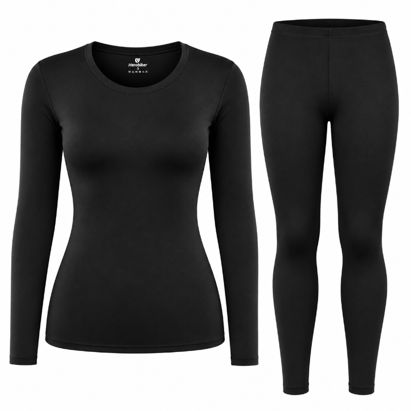 A women's two-piece athletic set consisting of a black long-sleeve crewneck top and matching black full-length leggings, displayed on a clean white background.