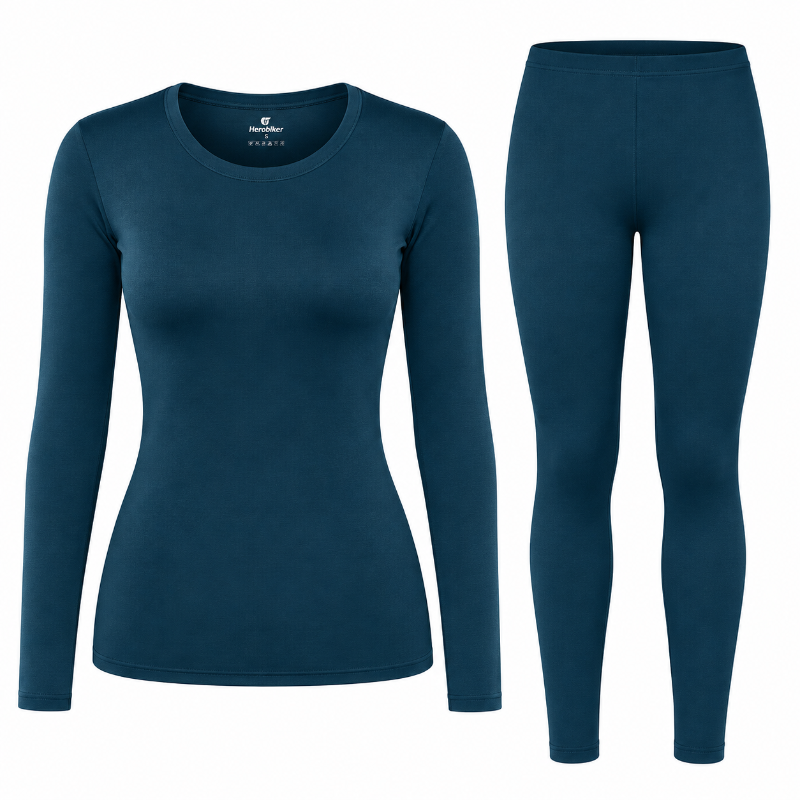 A women's two-piece activewear set in a dark teal blue color, featuring a long-sleeve crewneck top and matching high-waisted leggings, shown against a plain white background.