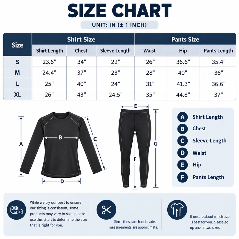 A size chart graphic showing shirt and pants measurements in inches for sizes S, M, L, and XL, with labeled body dimensions and a small apparel silhouette diagram.