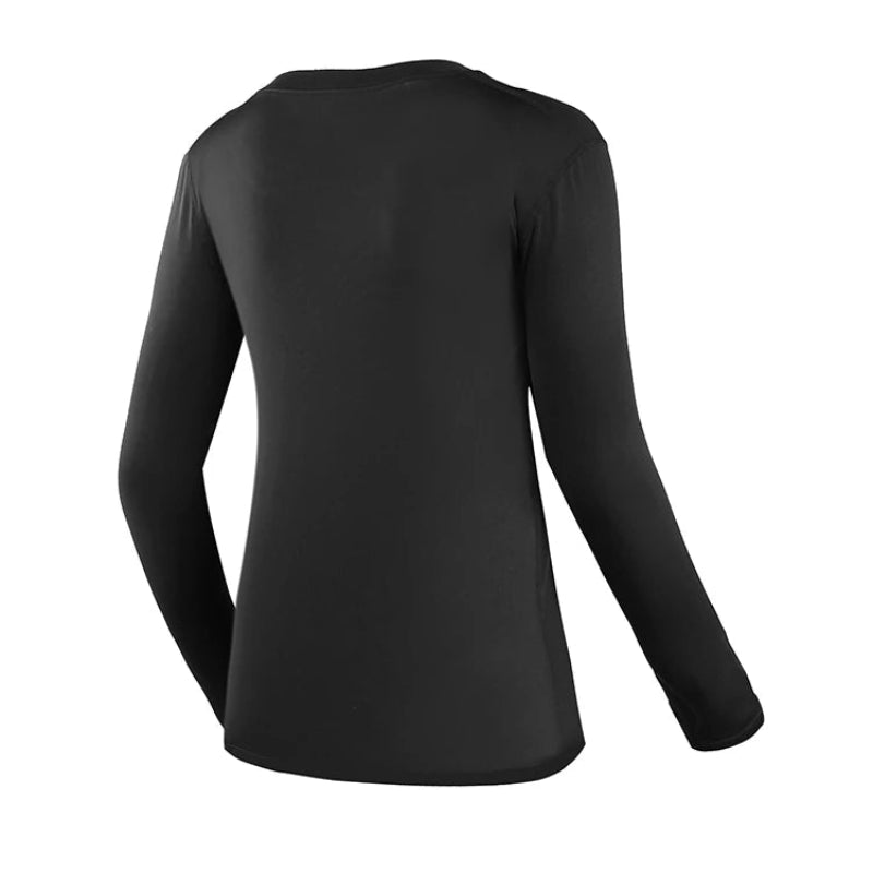 A black long-sleeve athletic top shown from the back on a white background