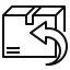 A minimalist black line icon depicting a box with a circular arrow, commonly used to represent shipping, delivery, or package services.