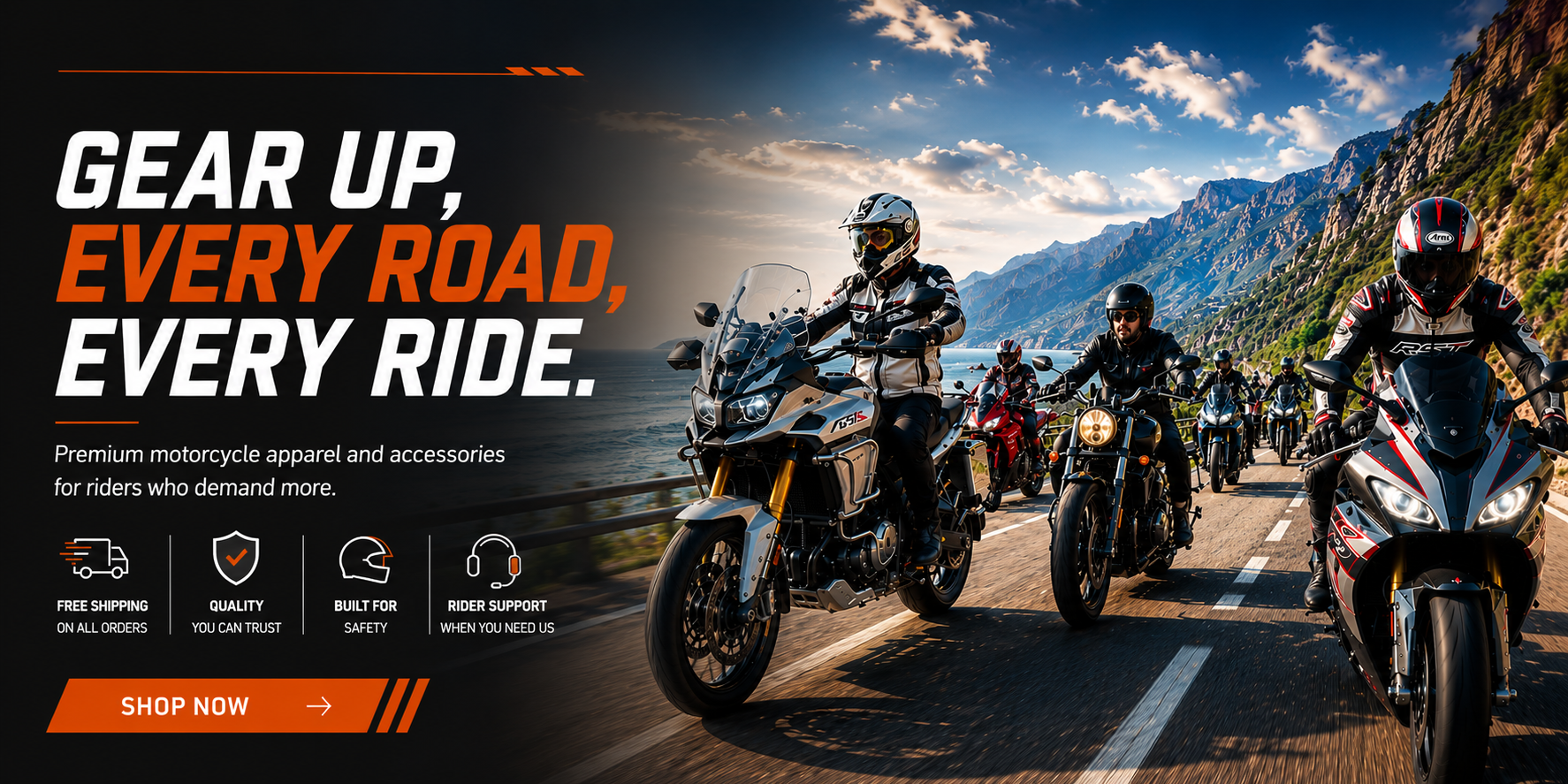 Promotional motorcycle travel scene with multiple riders on road bikes and sport bikes traveling along a scenic mountain road. Large text on the left reads 'GEAR UP, EVERY ROAD, EVERY RIDE.