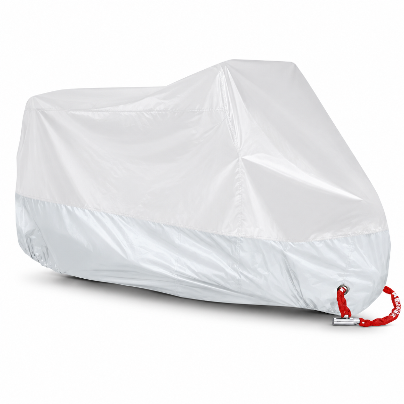 A white motorcycle cover fully enclosing a motorcycle, shown on a clean white background. The cover features a solid white top half and a slightly darker, semi-translucent white bottom half, with a small red strap and silver metal anchor visible at the bottom right corner.