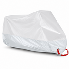 A white motorcycle cover fully enclosing a motorcycle, shown on a clean white background. The cover features a solid white top half and a slightly darker, semi-translucent white bottom half, with a small red strap and silver metal anchor visible at the bottom right corner.