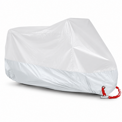 A white motorcycle cover fully enclosing a motorcycle, shown on a clean white background. The cover features a solid white top half and a slightly darker, semi-translucent white bottom half, with a small red strap and silver metal anchor visible at the bottom right corner.