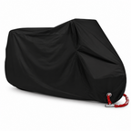 A black motorcycle cover with a red and silver drawstring cord, shown on a plain white background.