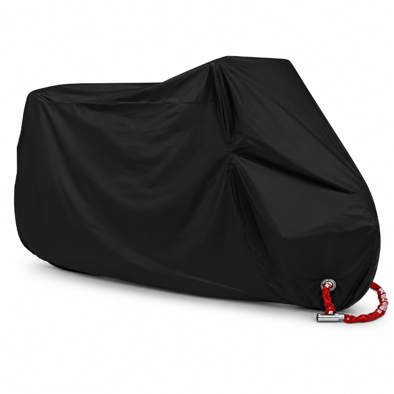A black motorcycle cover with a red and silver drawstring cord, shown on a plain white background.