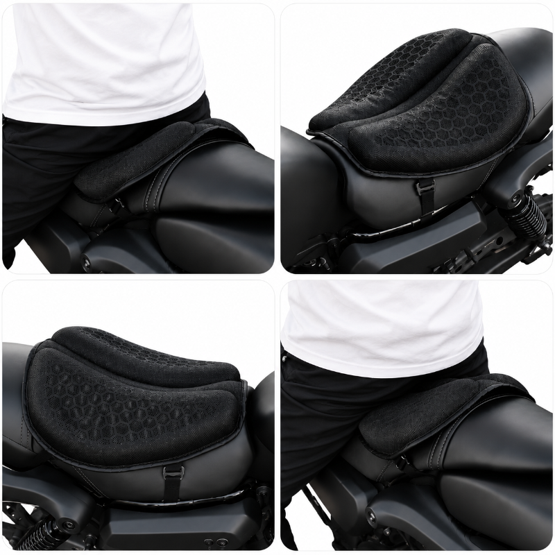 Four-panel collage showing a black motorcycle seat cushion pad installed on a motorcycle seat, with part of a person wearing a white shirt and black pants visible in two of the panels.