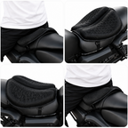 Four-panel collage showing a black motorcycle seat cushion pad installed on a motorcycle seat, with part of a person wearing a white shirt and black pants visible in two of the panels.
