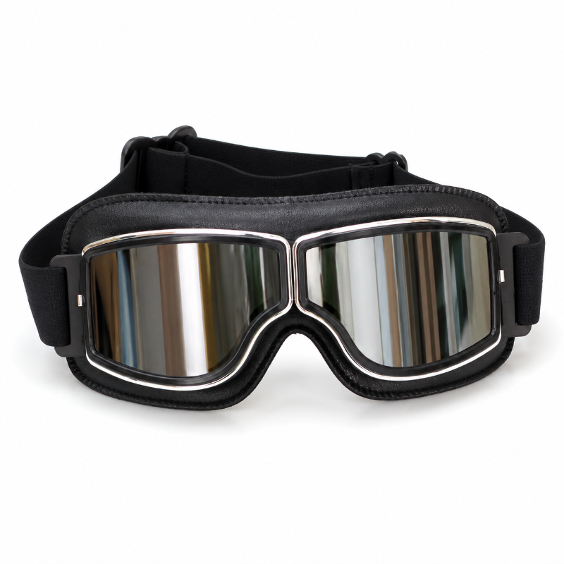 Black ski goggles with a wide strap and mirrored lenses, shown on a plain white background.