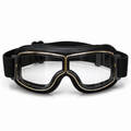 Black aviator-style goggles with a wide adjustable strap and gold trim around the clear lenses, shown on a plain white background.