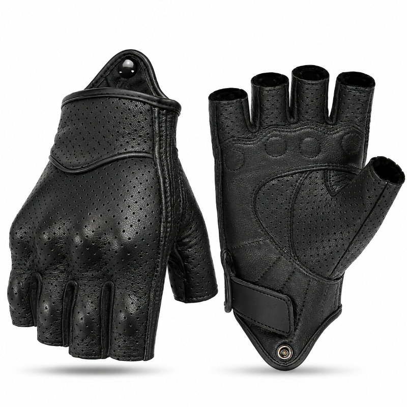 A pair of black fingerless leather gloves shown from both the palm and back-of-hand views on a clean white background.