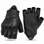 A pair of black fingerless leather gloves shown from both the palm and back-of-hand views on a clean white background.