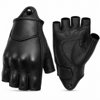 A pair of black leather fingerless gloves shown from both the back and palm sides on a plain white background.