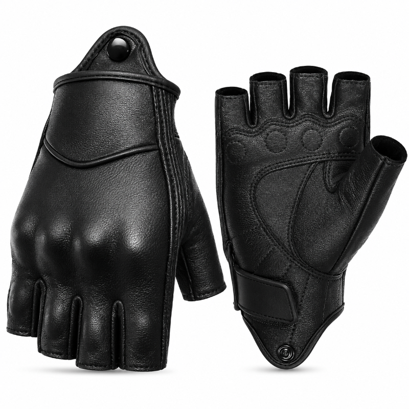 A pair of black leather fingerless gloves shown from both the back and palm sides on a plain white background.