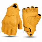 A pair of yellow fingerless leather gloves shown from both the back and palm views on a white background.