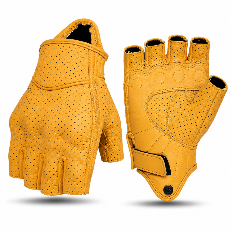 A pair of yellow fingerless leather gloves shown from both the back and palm views on a white background.