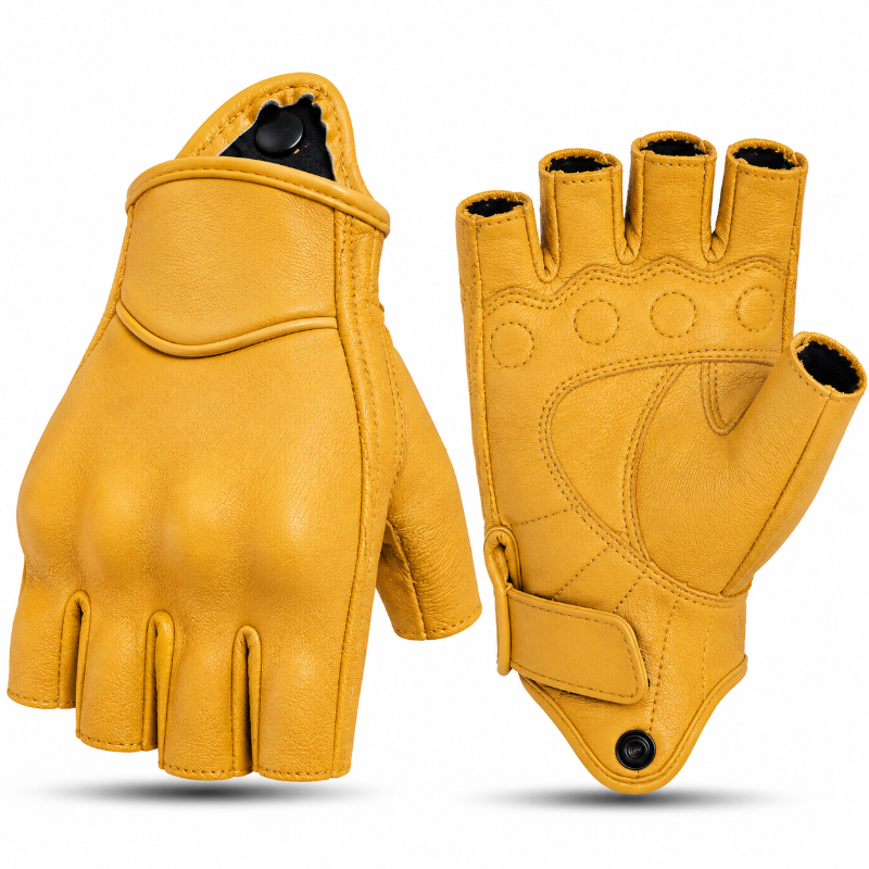A pair of mustard yellow leather fingerless gloves shown from both the back and palm views on a white background.