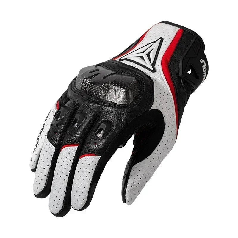 A single motorcycle riding glove in white, black, and red, featuring perforated leather panels, protective black knuckle guards, and a stylized triangular logo on the back of the hand.