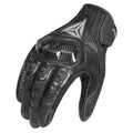A black leather motorcycle glove with a carbon fiber textured panel on the back of the hand, featuring a silver geometric logo on the back of the wrist and a hook-and-loop strap closure.