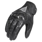 A black leather motorcycle glove with a carbon fiber textured panel on the back of the hand, featuring a silver geometric logo on the back of the wrist and a hook-and-loop strap closure.