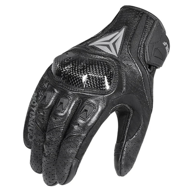 A black leather motorcycle glove with a carbon fiber textured panel on the back of the hand, featuring a silver geometric logo on the back of the wrist and a hook-and-loop strap closure.