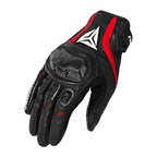 Black motorcycle glove with red accents and a brand logo on a white background