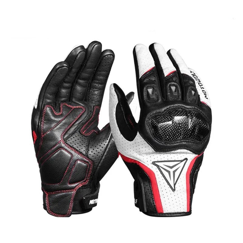 A pair of black, white, and red leather motorcycle gloves shown against a plain white background, displaying both the back of one glove and the palm/front of the other.