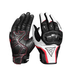 A pair of black, white, and red leather motorcycle gloves shown against a plain white background, displaying both the back of one glove and the palm/front of the other.