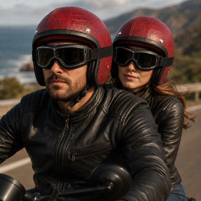Two people on a motorcycle wearing red helmets and goggles with a scenic background.