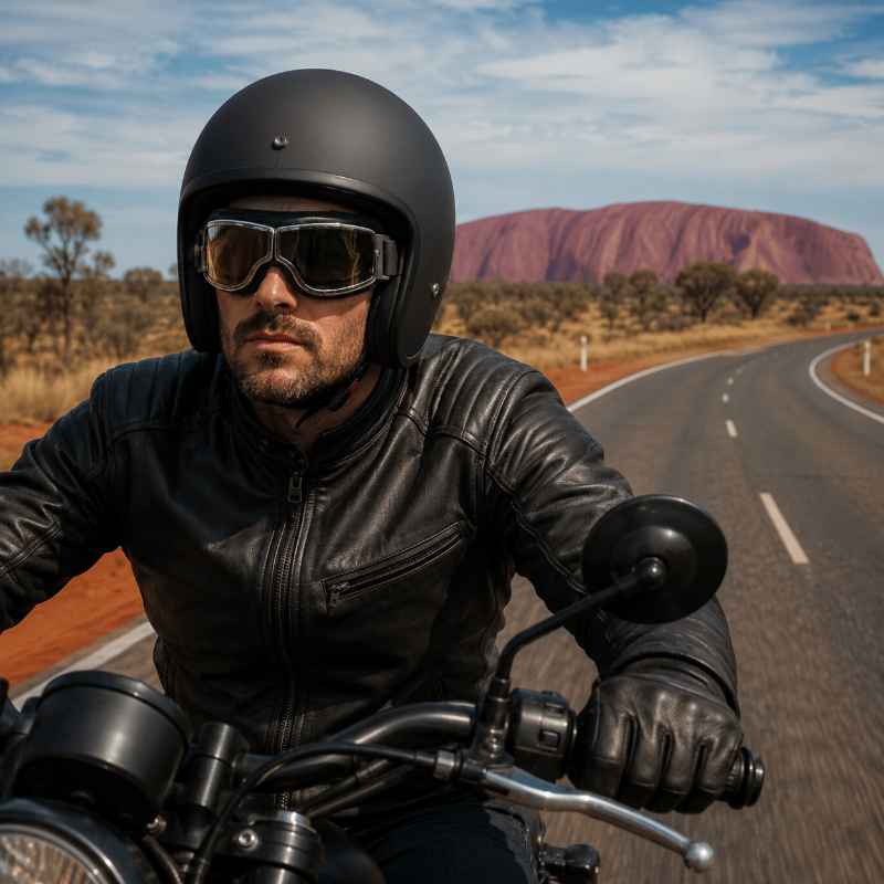 A man wearing a matte black helmet, black leather jacket, and aviator sunglasses rides a motorcycle on a paved road with a desert landscape and a large red rock formation in the background.
