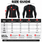 A size guide infographic for a black long-sleeve performance jacket, showing front and back views with labeled measurement points A, B, C, and D, plus a size chart table from S to XXXL and a how-to-measure section.