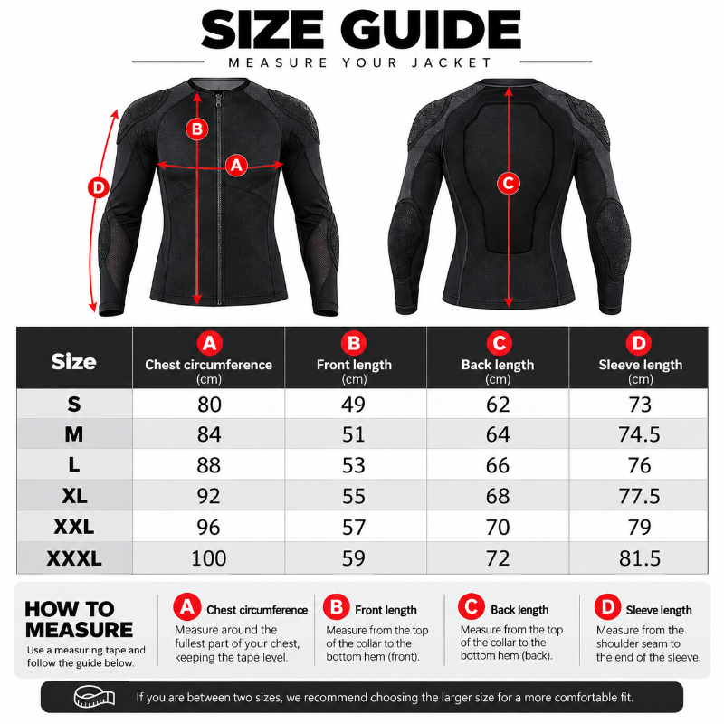A size guide infographic for a black long-sleeve performance jacket, showing front and back views with labeled measurement points A, B, C, and D, plus a size chart table from S to XXXL and a how-to-measure section.