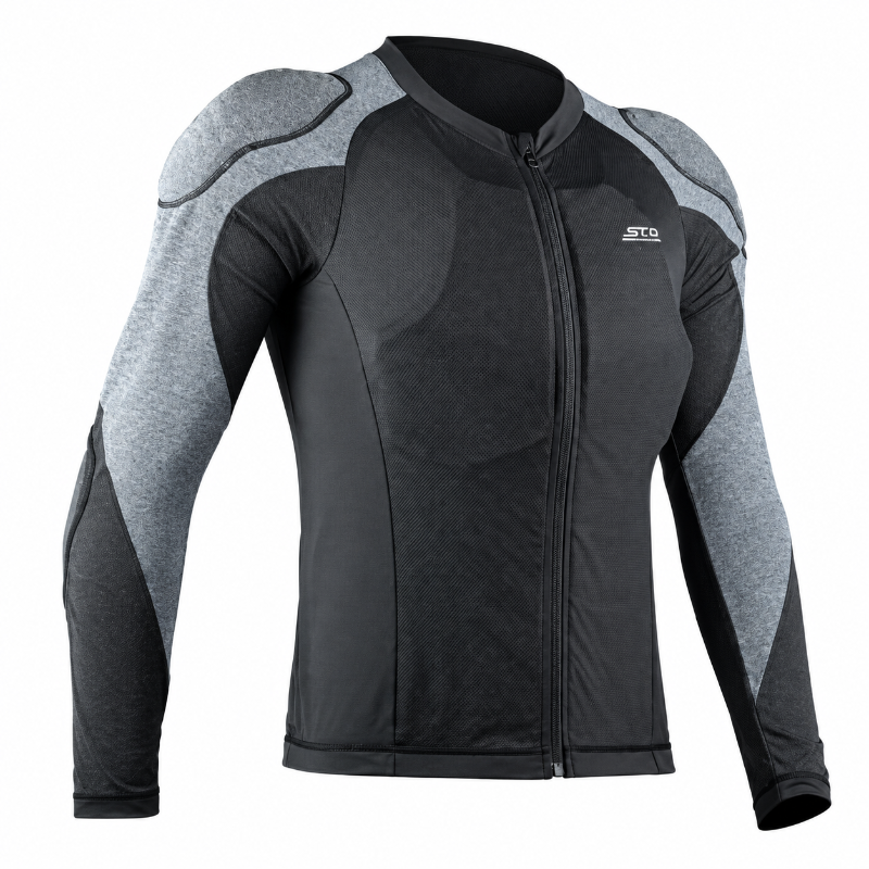 A long-sleeve athletic jersey in black and heather gray, featuring integrated shoulder armor and a full-length front zipper. The STAR brand logo is visible on the left chest.