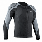 A long-sleeve athletic jersey in black and heather gray, featuring integrated shoulder armor and a full-length front zipper. The STAR brand logo is visible on the left chest.