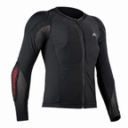 A black long-sleeve protective sports jersey with integrated shoulder and elbow padding, mesh side panels, a full-length front zipper, and a small white logo on the left chest, shown on a plain white background.