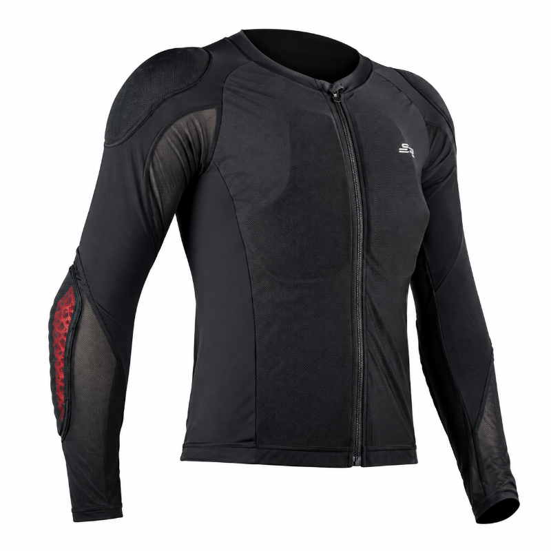 A black long-sleeve protective sports jersey with integrated shoulder and elbow padding, mesh side panels, a full-length front zipper, and a small white logo on the left chest, shown on a plain white background.