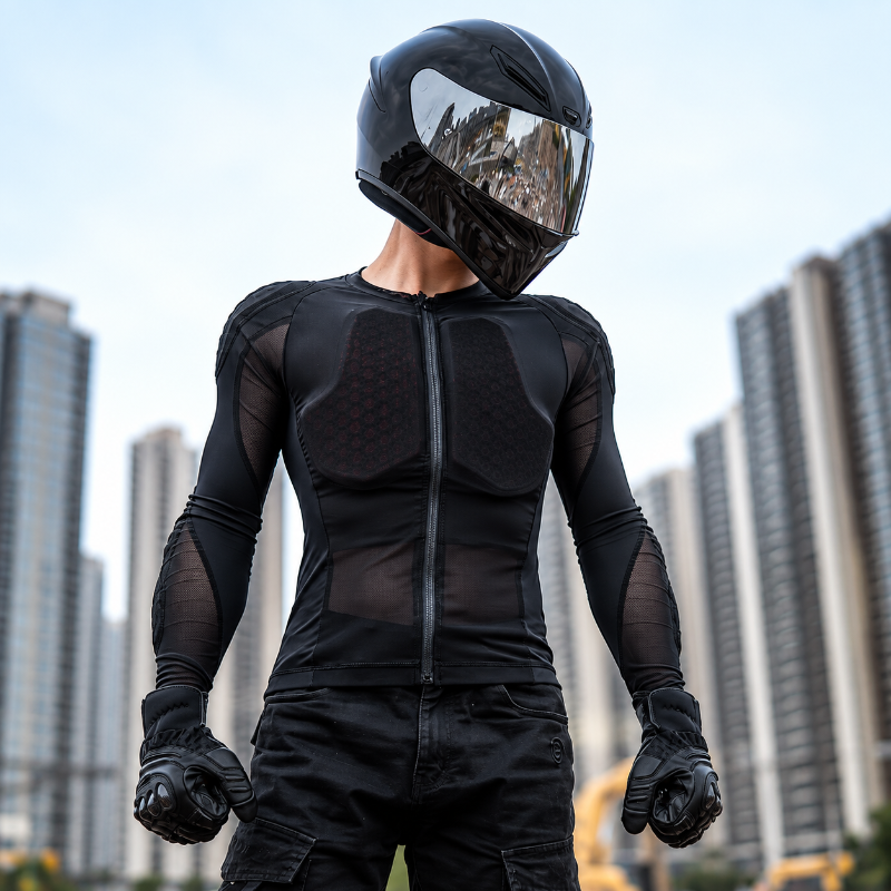 A person wearing a black full-face motorcycle helmet, black mesh-and-panel long-sleeve jersey, black gloves, and black pants stands outdoors in front of tall blurred apartment buildings.