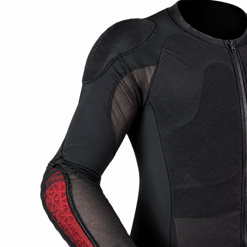 Close-up of a black long-sleeve protective athletic top with mesh panels, a front zipper, and red textured elbow protection, shown on a white background.