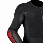Close-up of a black long-sleeve protective athletic top with mesh panels, a front zipper, and red textured elbow protection, shown on a white background.