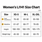 A women's size chart table for LJ141, showing measurements in centimeters for chest circumference, waistline, height, and weight across sizes XS-S, M-L, and XL-2XL.