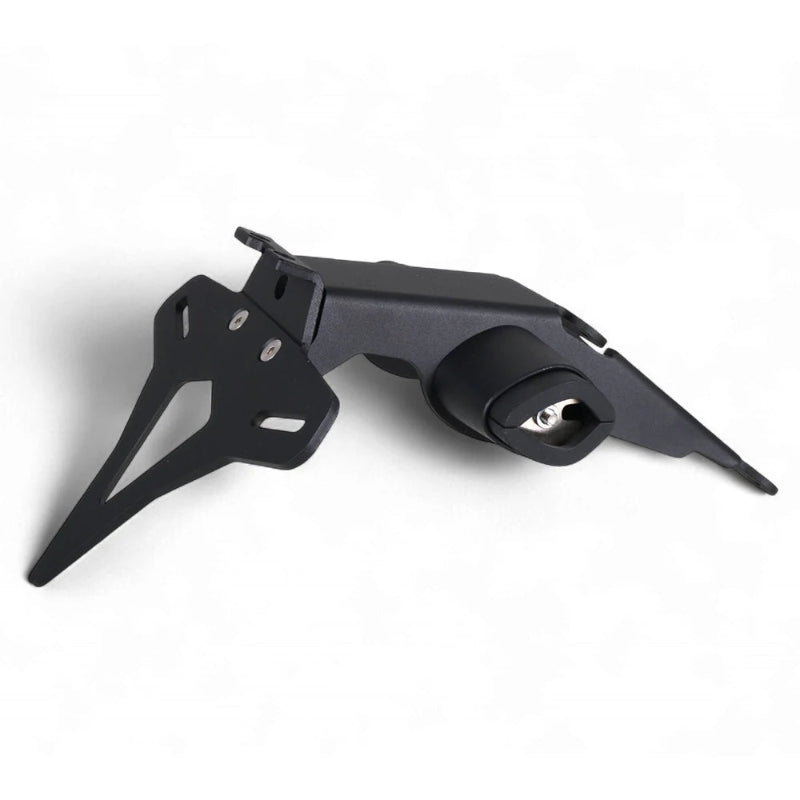 A matte black metal motorcycle rear license plate mount with a mounting bracket and a mounting hole, shown on a clean white background.