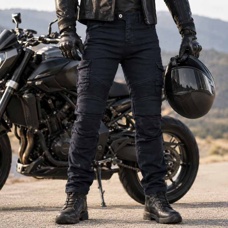 A person wearing black biker pants, a black leather jacket, black gloves, and black boots stands beside a black motorcycle on an outdoor road, holding a black helmet.