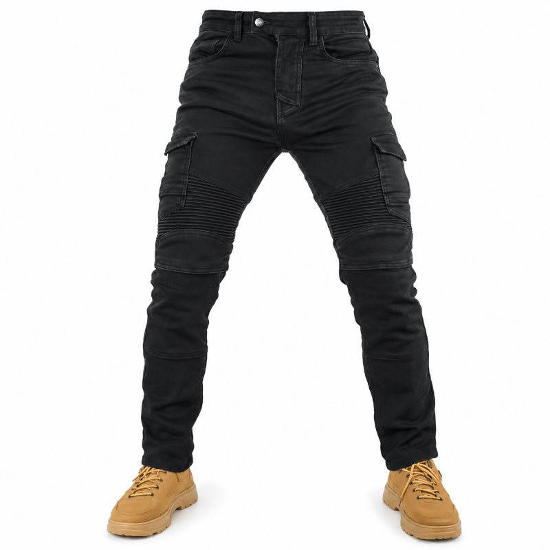 gray cargo jeans with ribbed knee panels and side cargo pockets, shown on a model from the waist down wearing tan boots against a white background.