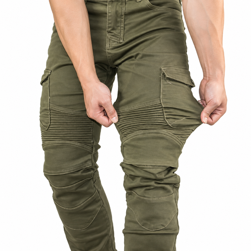 Olive green tactical cargo pants with reinforced knee panels and side utility pockets, shown on a model's legs against a white background.