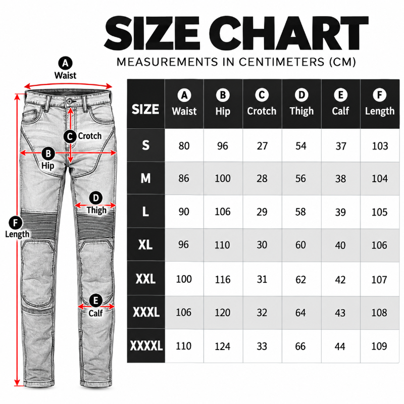 A size chart graphic showing a pair of jeans with measurement arrows labeled A through F and a corresponding size table for S through XXXXL, with the heading 'SIZE CHART' and 'MEASUREMENTS IN CENTIMETERS (CM)'.