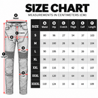 A size chart graphic showing a pair of jeans with measurement arrows labeled A through F and a corresponding size table for S through XXXXL, with the heading 'SIZE CHART' and 'MEASUREMENTS IN CENTIMETERS (CM)'.